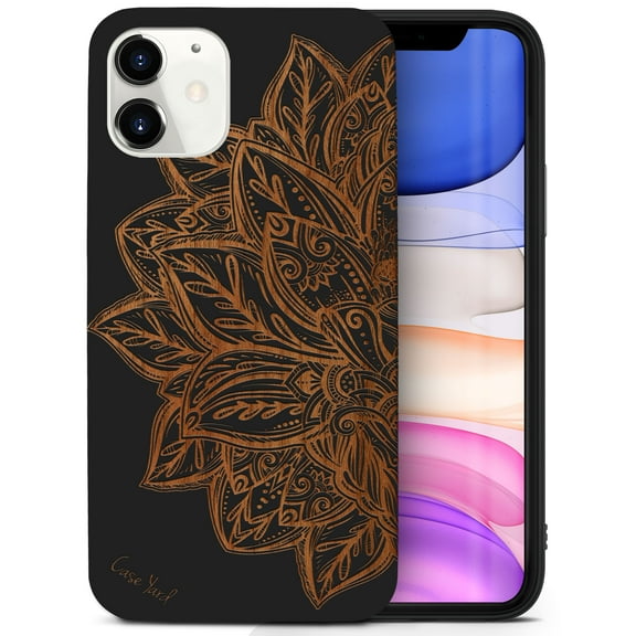 Case Yard Wooden Case for iPhone-12-Mini Soft TPU Silicone cover Slim Fit Shockproof Wood Protective Phone Cover for Girls Boys Men and Women Supports Wireless Charging Lotus Flower Design