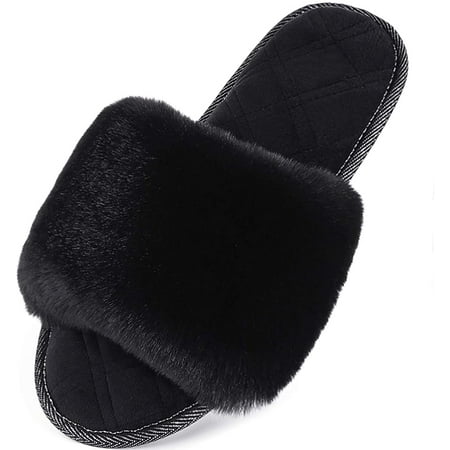 

Women s Fuzzy Faux Fur Foam Flat Spa Slide Slippers Open Toe House Shoes Sandals