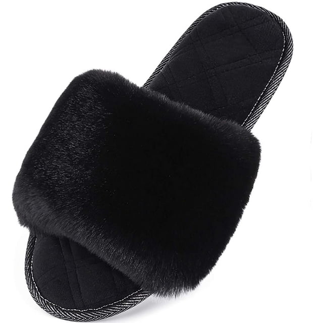 Women's Fuzzy Faux Fur Foam Flat Spa Slide Slippers Open Toe House Shoes Sandals