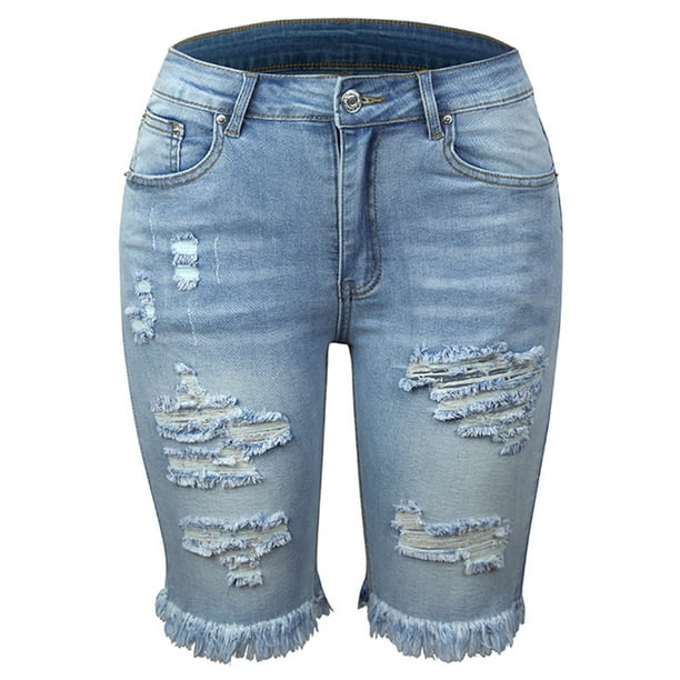 Bellella Ladies Denim Jeans Hole Midi Trousers Ripped Bottoms Soft