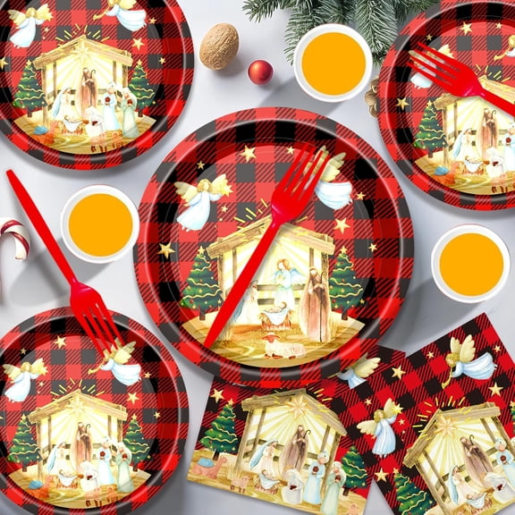 YUYAN-O Holy Night Christmas Nativity Party Plates Supplies Tableware with Nativity Paper Plates Napkins Cups Forks for Winter Holiday Xmas Religious Party Decorations, Serves 24