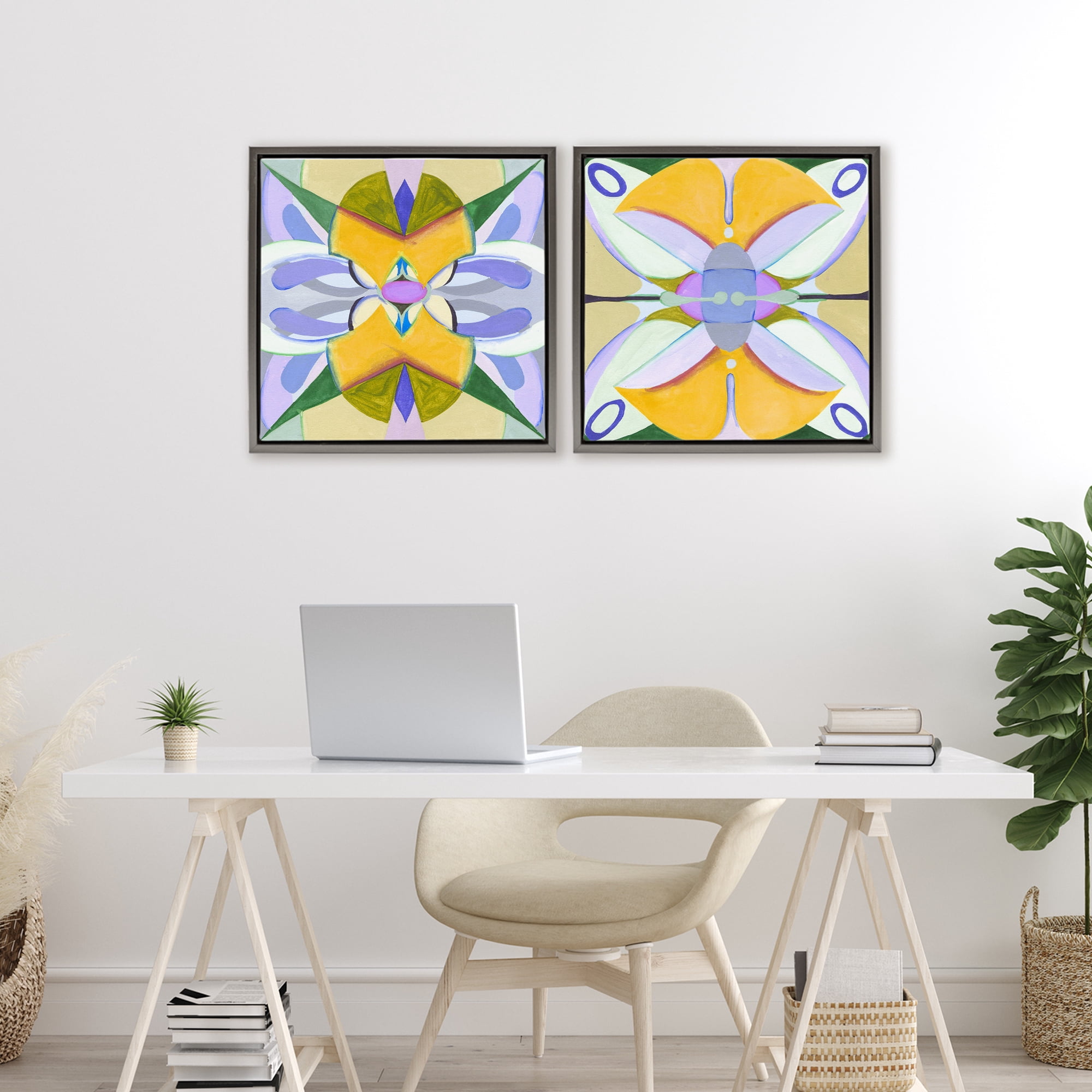Stupell Industries Kaleidoscopic Revival Hues 2 Piece Gray Framed Floater Canvas Set, design by Melissa Wang
