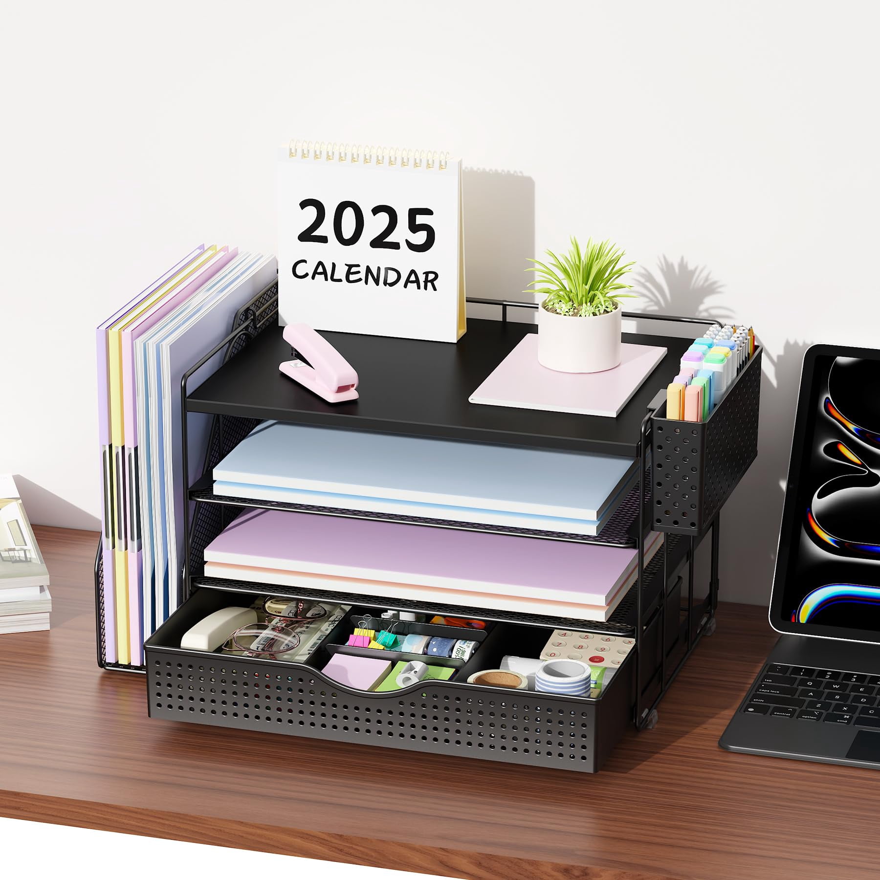 Wood Desk Organizers And Accessories With File Holder  4-tier & Workspace Drawer Pen Paper Organizer For Office Supplies (black)