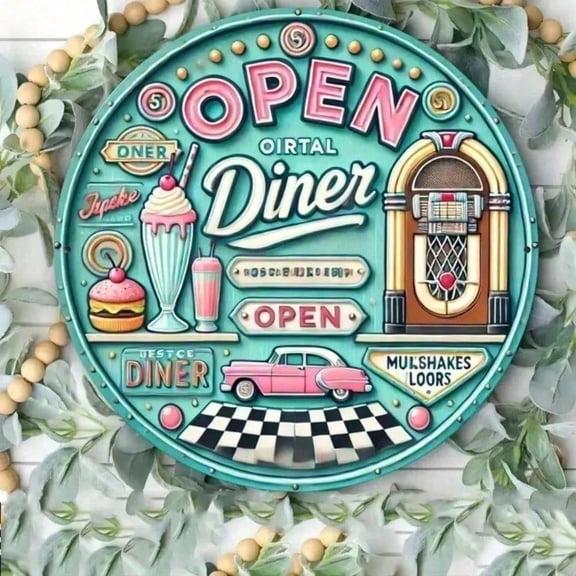 HELLOYOUNG Retro Metal Wall Decor 1950s American Diner Tin Sign, Vintage Round 19.81x19.81in Rustproof Wall Art for Home, Bar, Restaurant