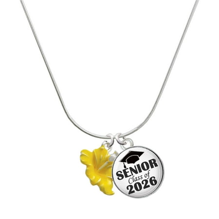 Delight Jewelry Silver-tone Yellow Hibiscus Flower – Silvertone Senior Class of 2026 Dome Necklace 18