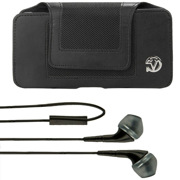 BUNDLE: Professional Vegan Leather Horizontal Smartphone Holster Case (Black) & Deluxe Stereo Hands-Free Headset fits Smartphones up to 6.7-inch iPhone XS Max / XR / 8 Galaxy Note 9 / 8 S10 5G / S10