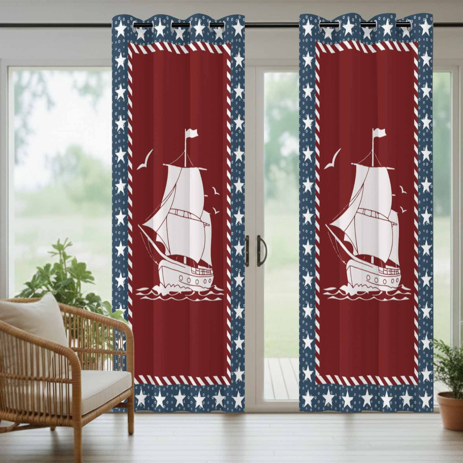 Independence Day Outdoor Curtains for Patio, America Flag Star Ocean Coastal Seaships Seagull Sunshade Privacy Drapes Grommet Waterproof Outside Curtains for Porch/Cabana/Balcony 54"x 108", 1 Panel