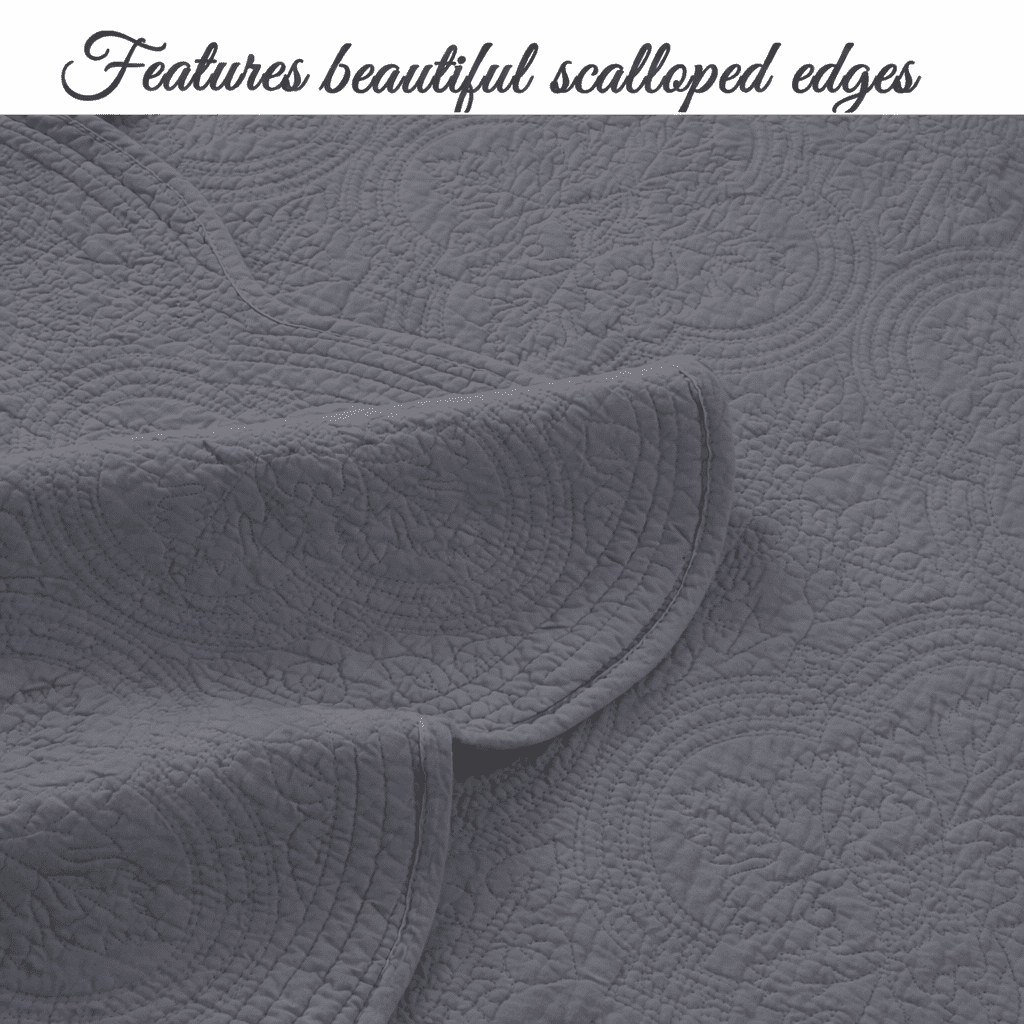 Victorian Medallion Matelassé Pure Solid Gray Scalloped Edge Cotton Quilt Bedding Set