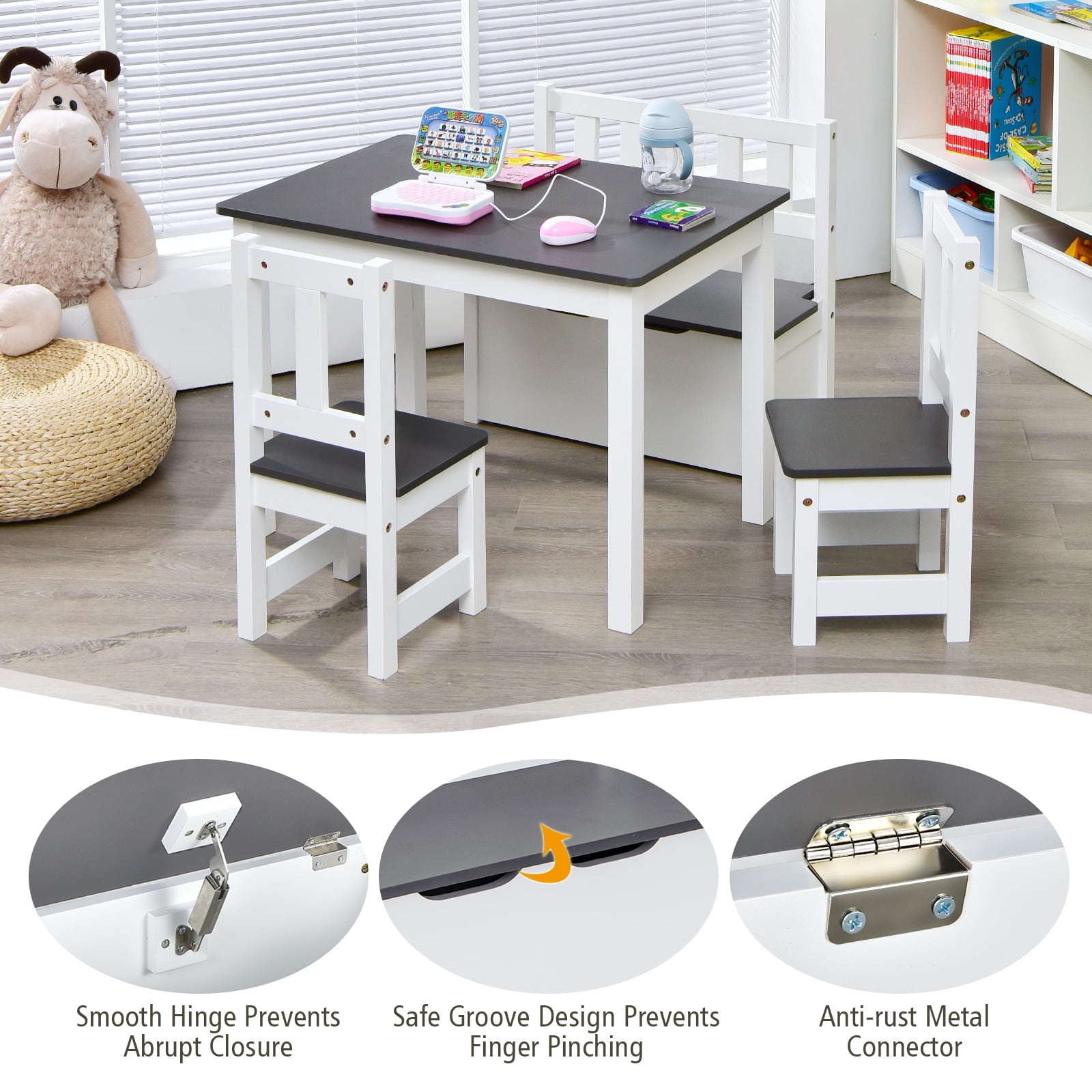 Infans 4 PCS Kids Wooden Activity Table & Chairs Set w/ Storage Bench Study Desk Grey