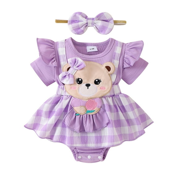 aturustex Toddler Baby Girls 2Pcs Plaid Rompers Outfits 0 3M 6M 9M 12M 18M Infant Newborn Ruffle Short Sleeve Bodysuits Bear Patch Fake Two-Piece Rompl Daily Summer Clothes for Holiday Party
