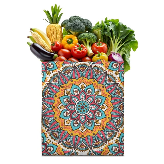 Geometric Mandala Design Foldable Shopping Bag - Durable Machine Washable Tote with Reinforced Stitching