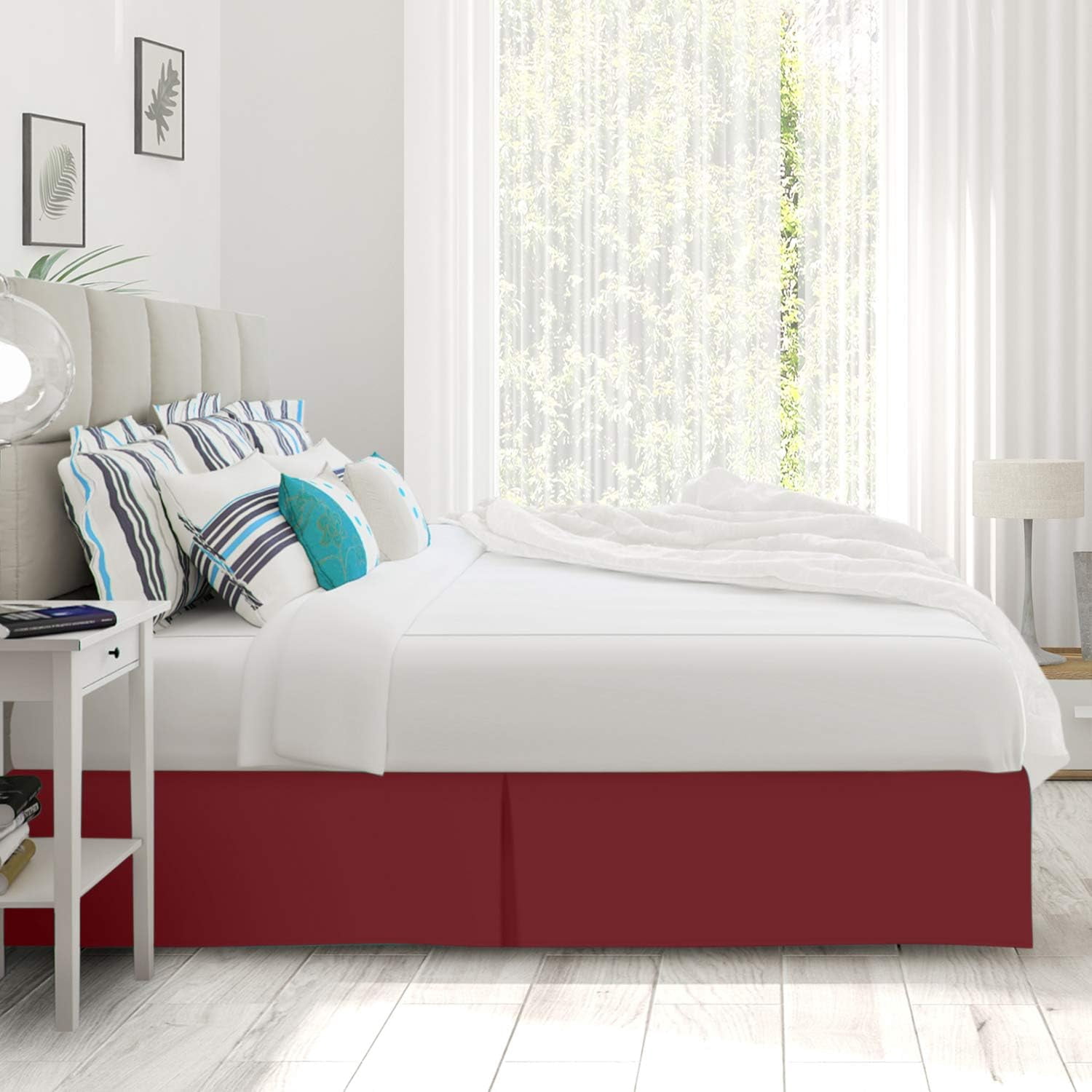 California King Size Pleated Bed Skirt, Burgundy, 10 Inch Drop, 120 GSM Microfiber, Wrinkle-Free, Fade Resistant, Easy Fit Box Spring Cover