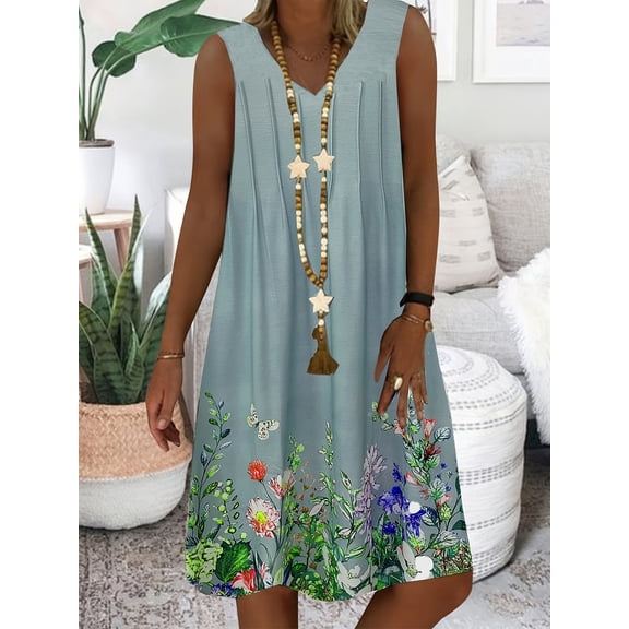 Nyfairy Women's Plus Size Sleeveless V Neck Bottom Printed Straight Pleated Dress, Casual Loose Summer Tunic Dress