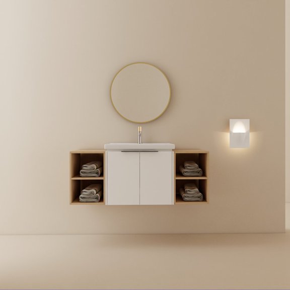 Tcbosik 48" Bathroom Vanity with Sink Set for Home, Wall Mount Bathroom Vanity Combo, White Bathroom Cabinet with Sink Set, Floating Vanity w/Ceramic Basin, Open Side Shelf (White)