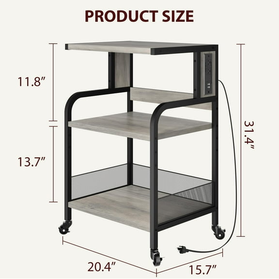 Yeshouse Rolling Printer Cart With Power Outlets and USB Ports 3 Tier Rolling Printer Cart With Adjustable Storage Shelf Printer Table On Wheels Home Printer Stand Cart Multi-Functional Trolley