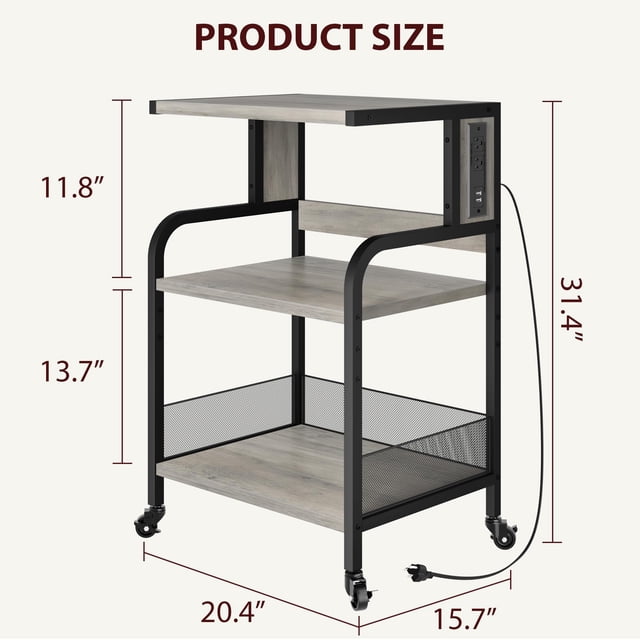 GloryStar 31.4''H Printer Stand with Power Outlets and USB Ports 3 Tier Printer Table w/Wheels Printer Storage Cart Rolling Printer Cart with Storage Shelf for Printer Scanner, Fax, Home Office