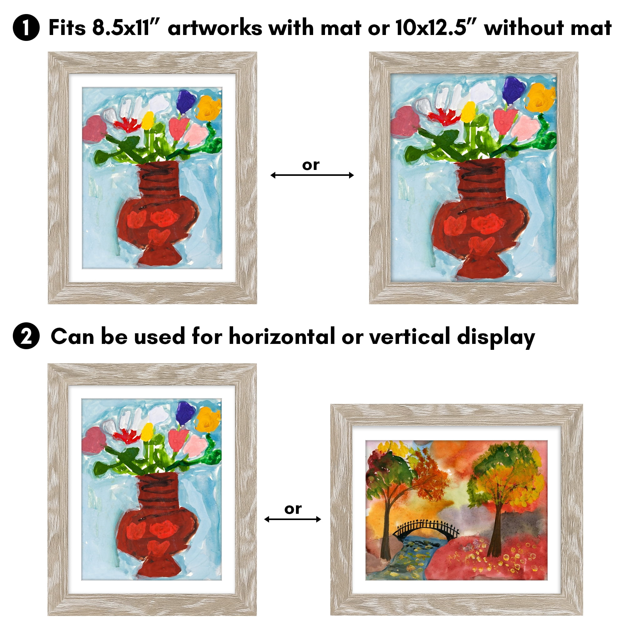 Americanflat 10x12.5 Kids Art Frame with 8.5x11 Mat 2 Pack Holds 100 Art Pieces Magnetic Letter Size - Driftwood