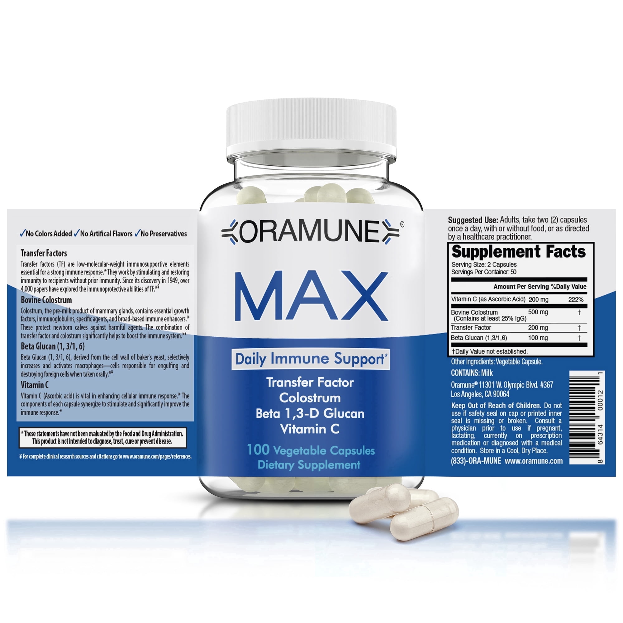 Oramune Max Immune Health Supplement – Supports Immune Modulation & Balanced Function with Transfer Factor, Bovine Colostrum, Beta 1,3/1,6 D-Glucan & Vitamin C – Daily Wellness, 100 Capsules