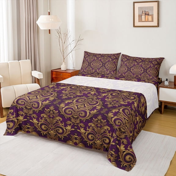 Homewish Vintage Baroque Floral Twin Sheet Sets,Damask Victorian Twin Fitted Sheet,Gold Purple Flat Sheet For Adults,Microfiber Bedroom Decor,3pcs