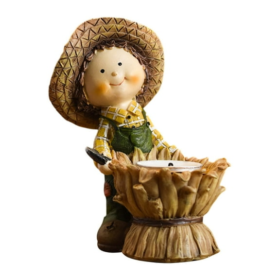 BallsFHK Thanksgiving Scarecrow Statue 7.48inch Cute Little Girl Sculptures with LED Tea Lights Candle Holder Art Resin Collectible Figurines for Fall Autumn Harvest Tabletop Display
