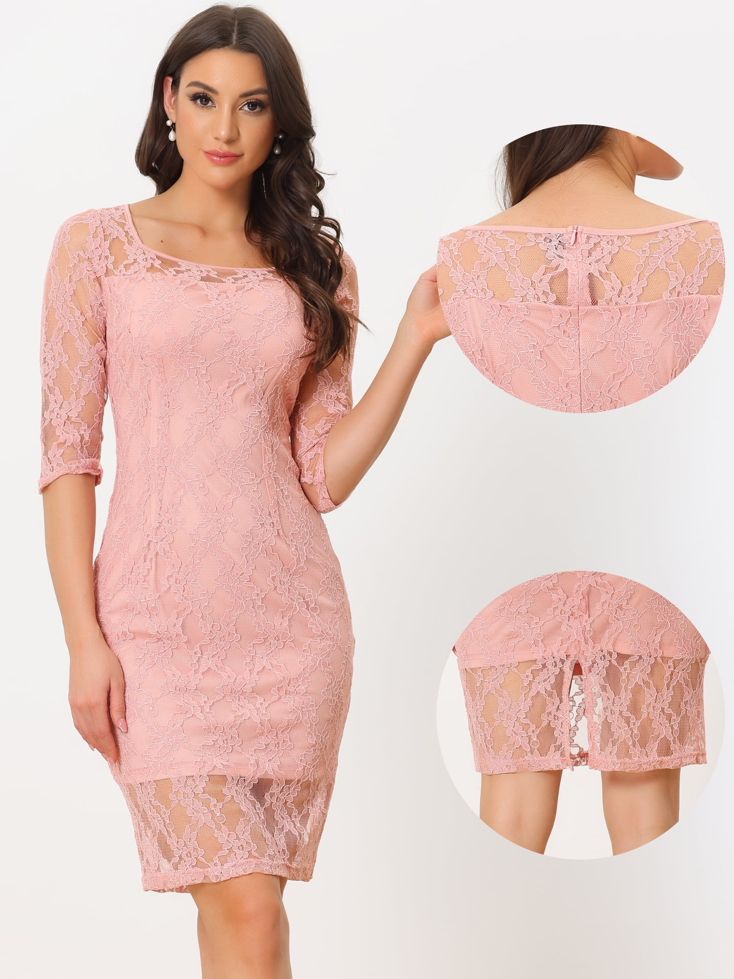 DARING DIVA Lace 3/4 Sleeve Dress Square Neck Midi Straight Tired S Pink