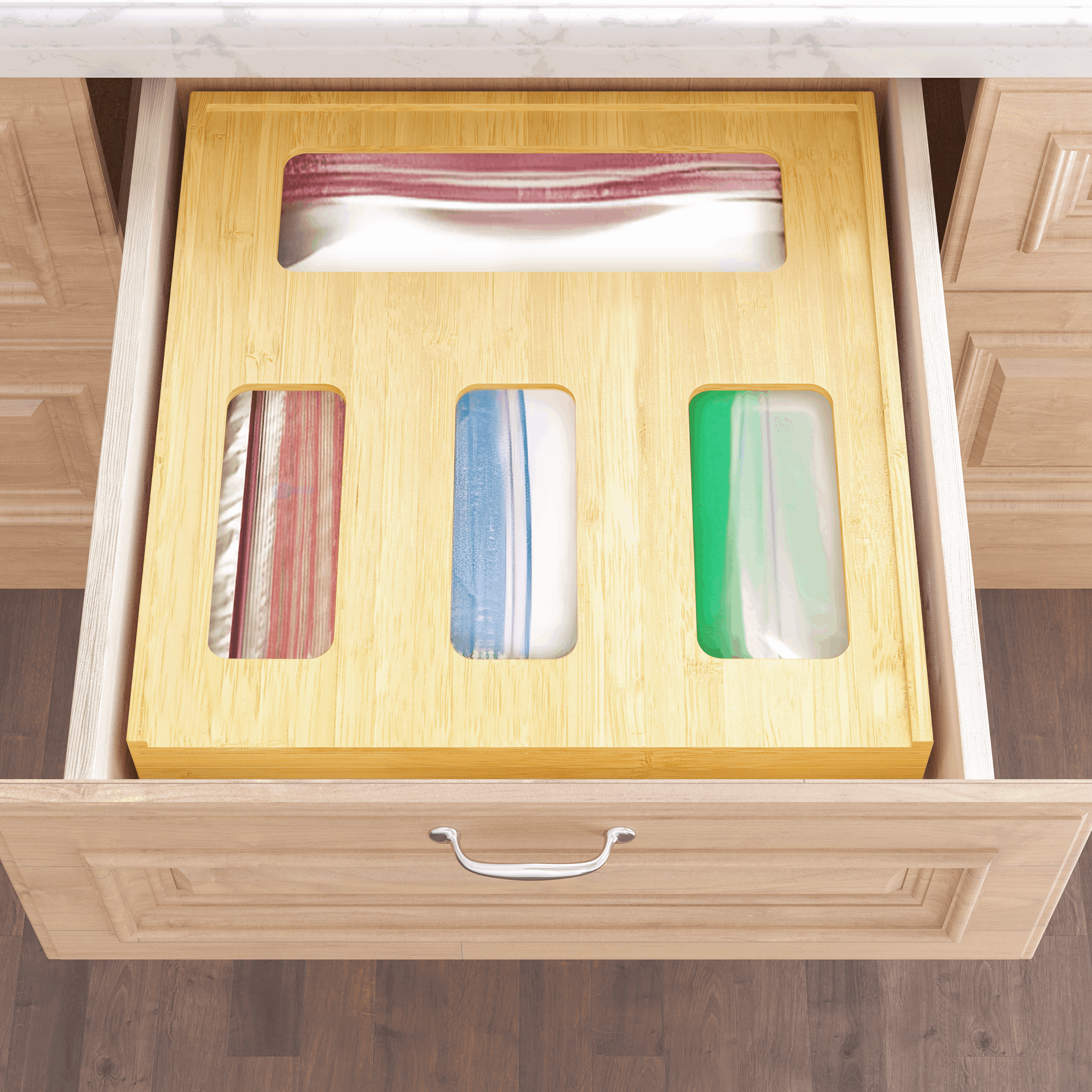 SpaceAid Bamboo Ziplock Bag Storage Organizer for Kitchen Drawer, 4 Slots