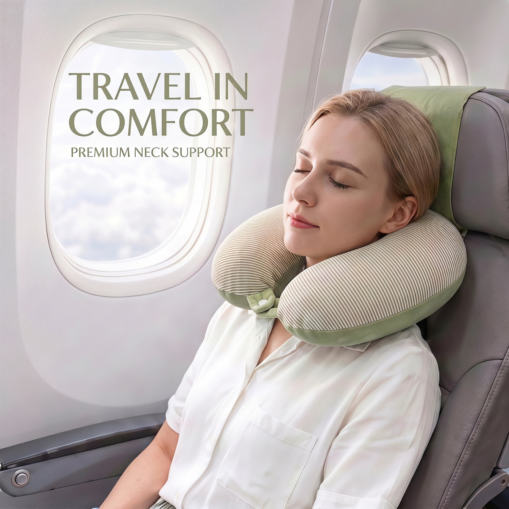 Unique Bargains Memory Foam Neck Pillow U Shape Snap Closure for Office Green 11"x12"x4"