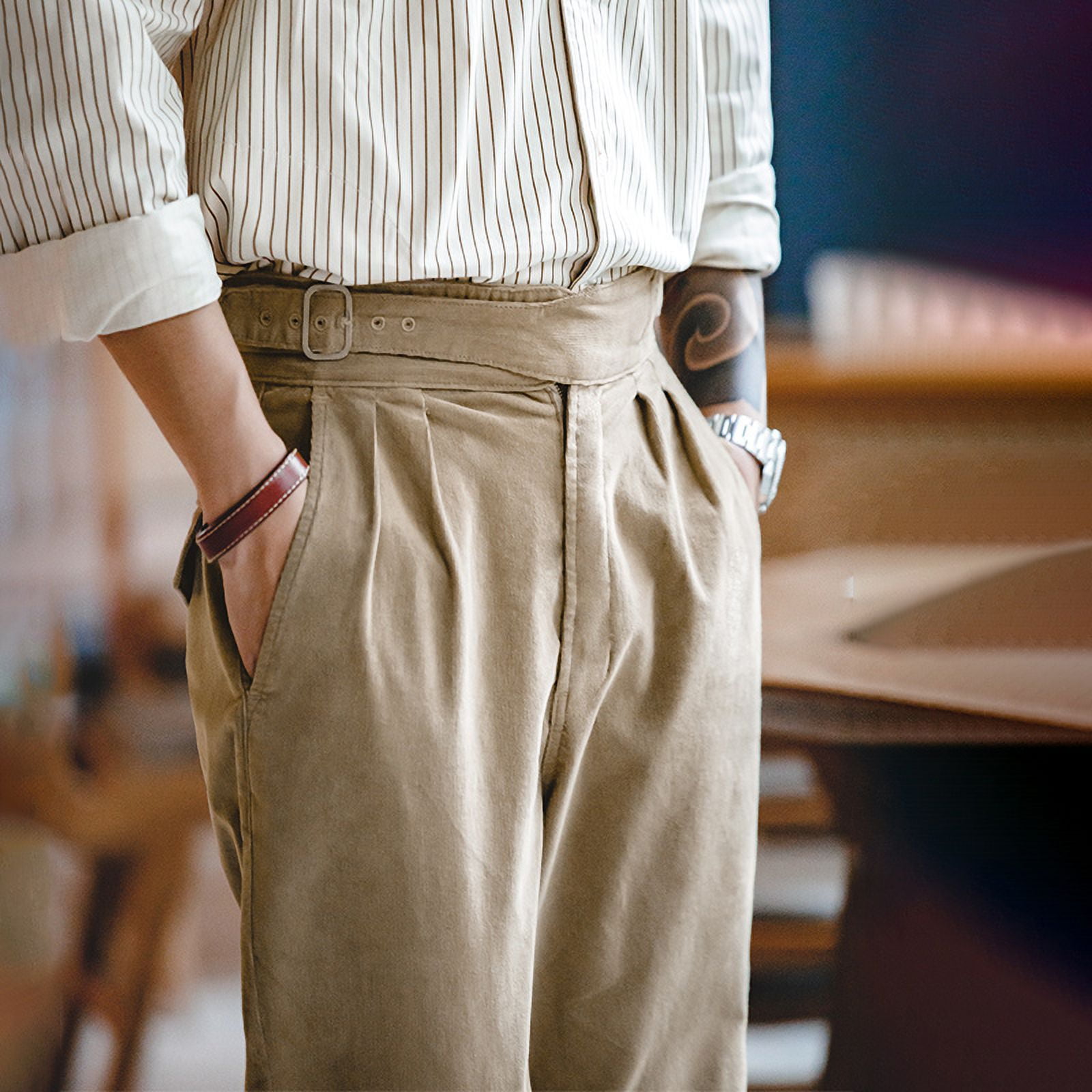 CHUANK Vintage Corduroy Gurkha Pants for Men Neapolitan Double