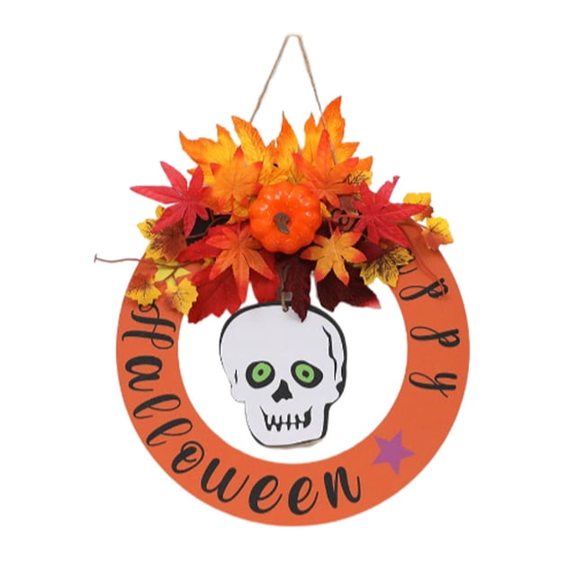 Billuyoard Guirnalda de calabaza de Halloween, hojas de arce, conos de pino, calavera, aro de felicitación, cabeza de esqueleto de madera, colgador de Kits de decoración para fiestas Cráneo Billuyoard HA069486-02
