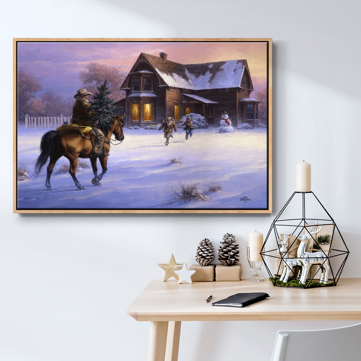The Day Daddy Brought Home the Tree - Framed Gallery Wrapped Holiday Canvas - 25 x 37 - Natural Wood Frame