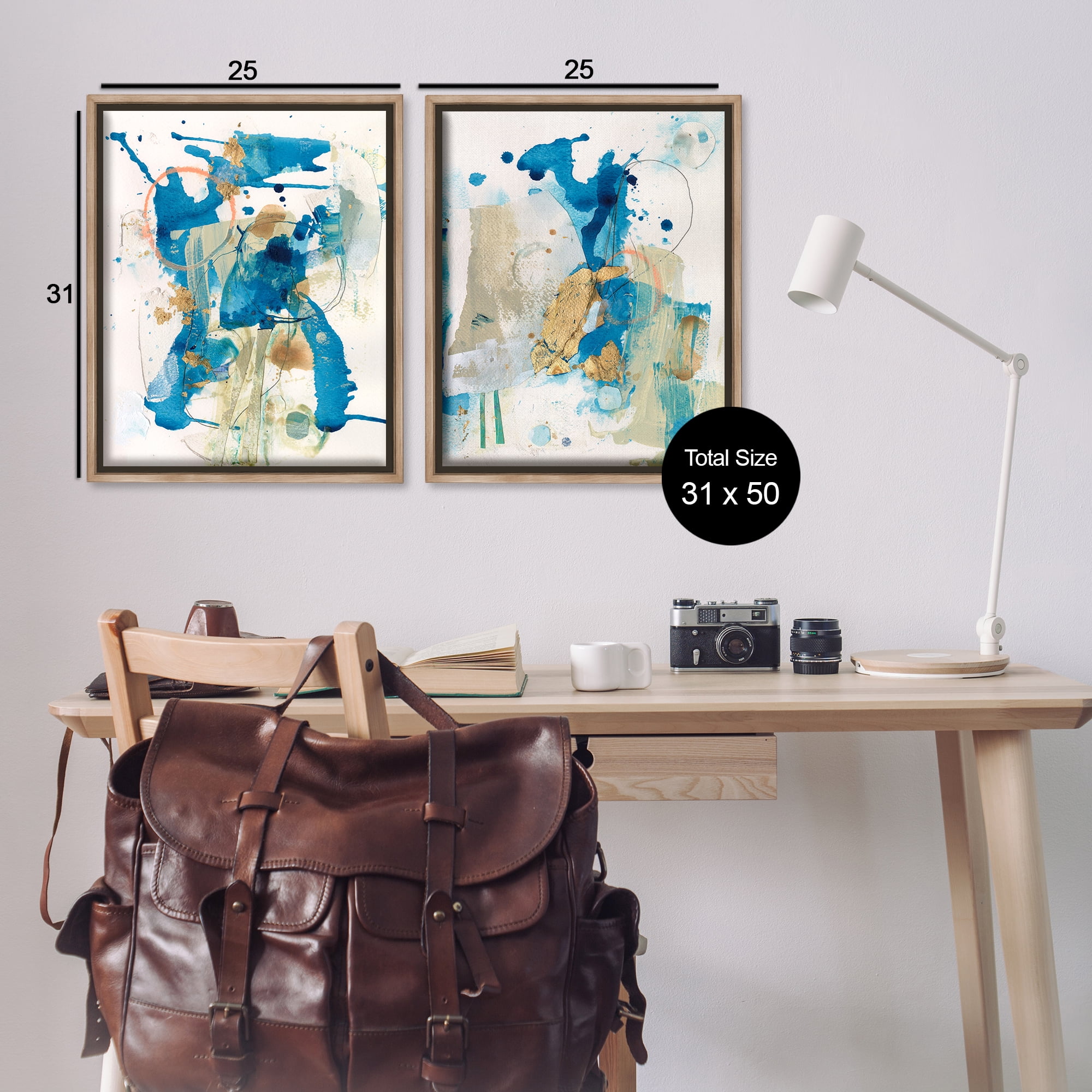Stupell Industries Abstract Blue Gold Splash Abstract Painting Brown Floater Framed Canvas Art Print Wall Art, 31 x 25, Set of 2