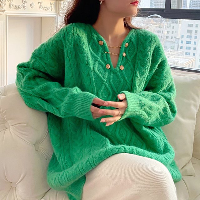 Jersey naranja con cuello en V para mujer, Jersey suave de estilo otoño e invierno, top de punto, chaqueta holgada 2024