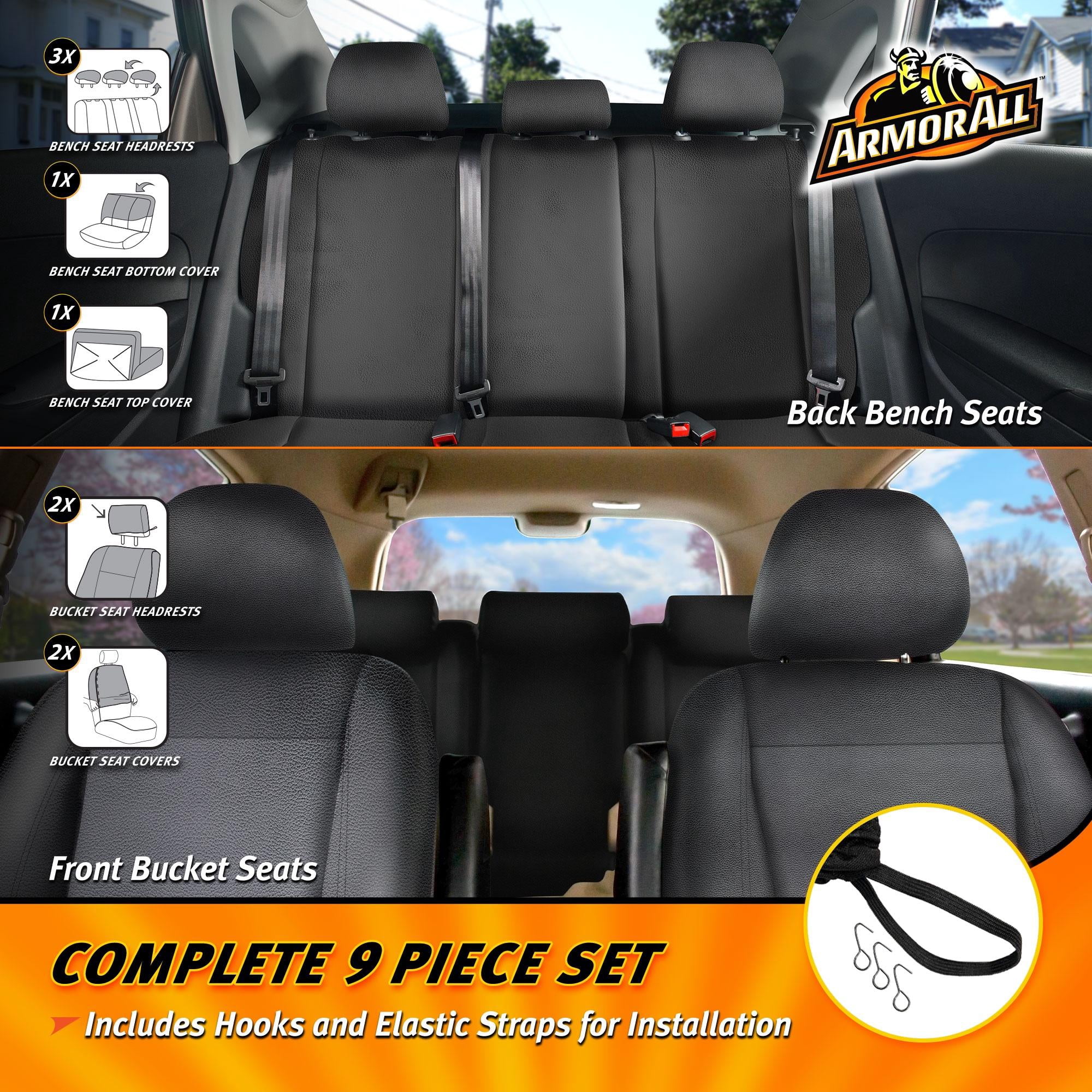 ArmorAll 9 Piece Car Seat Cover Set, Automotive Interior Cover for Car, Truck, Van, SUV - Easy To Clean, Airbag Safe - Composite Leather/Black