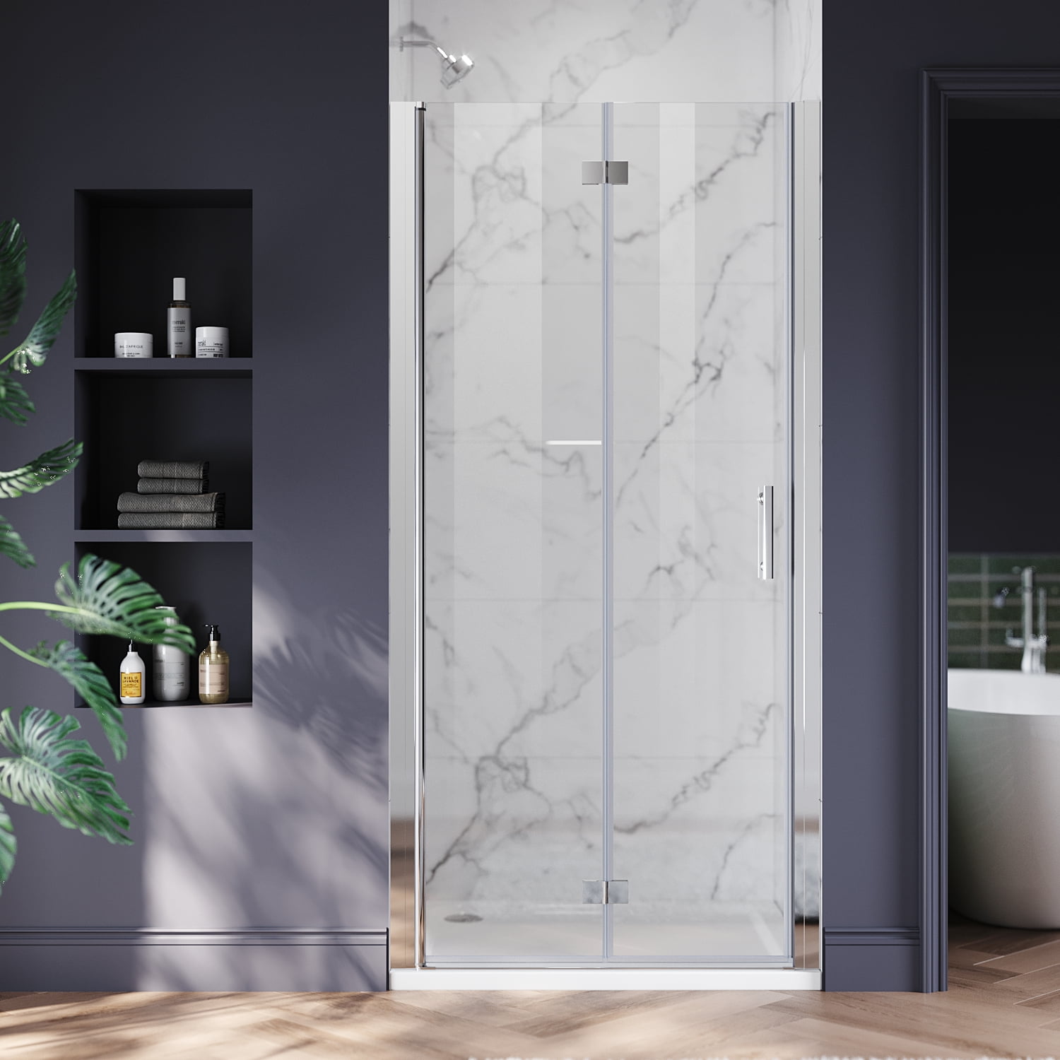 Sunny Shower 32" in.W x 72" in.H Bi-Fold Pivot Glass Frameless Chrome Shower Door with 1/4" Clear Glass