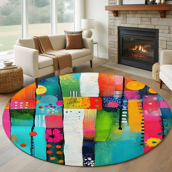 Round Rugs 7Ft, Colorful Geometric Round Area Rug Washable Indoor Throw Carpet, Modern Artwork Abstract Large Non Slip Circle Rug for Dining Room Playroom Home Decor Aesthetic