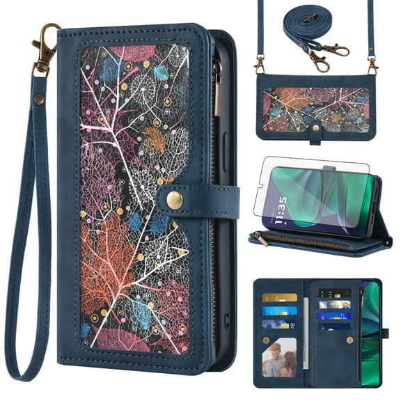 Asuwish Phone Case for Motorola Moto G Stylus 5G 2024 Wallet Cover With Tempered Glass Screen Protector Crossbody Wrist Strap Flip Pattern Zipper Credit Card Holder Stand Slot Cell G5 Women Men Red