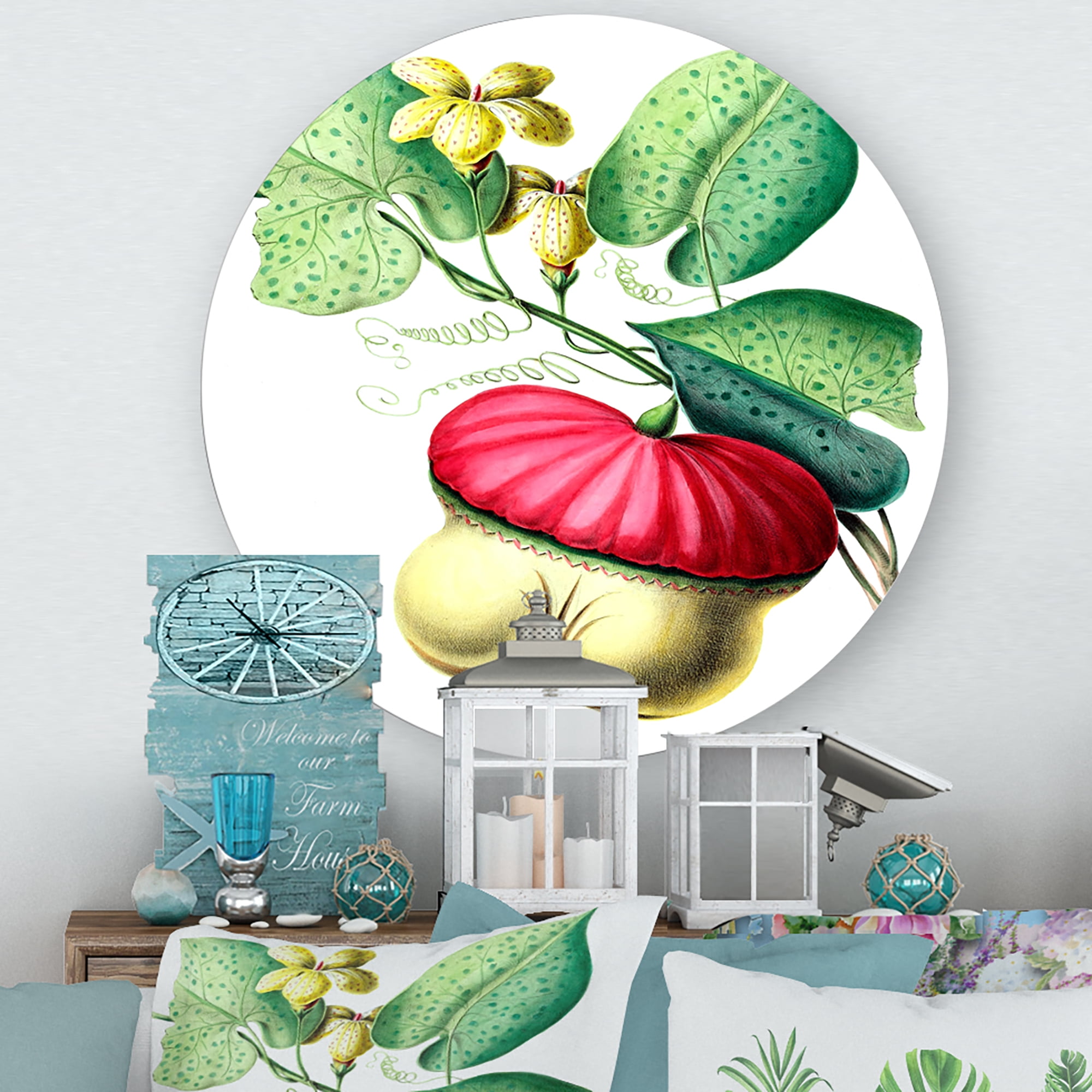 Designart 'American Vintage Flowers I' Traditional Circle Metal Wall Art 11x11 - Disc of 11