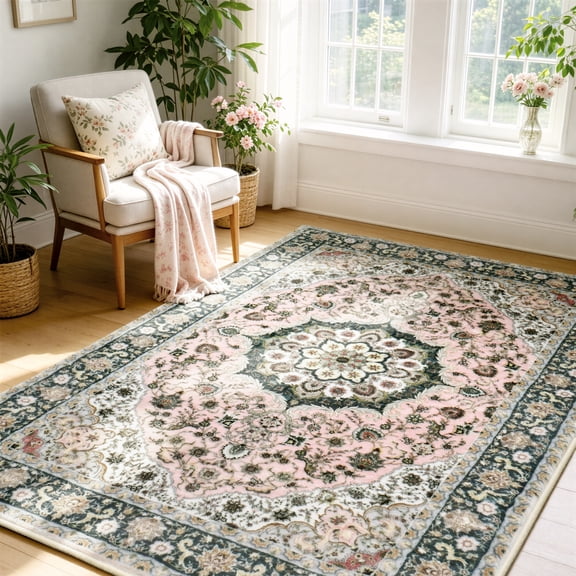 WANLISELL 5'x7' Area Rugs, Distressed Pink Vintage Living Room Rug, Soft Non-Slip Indoor Carpet for Bedroom, Kitchen, Playroom