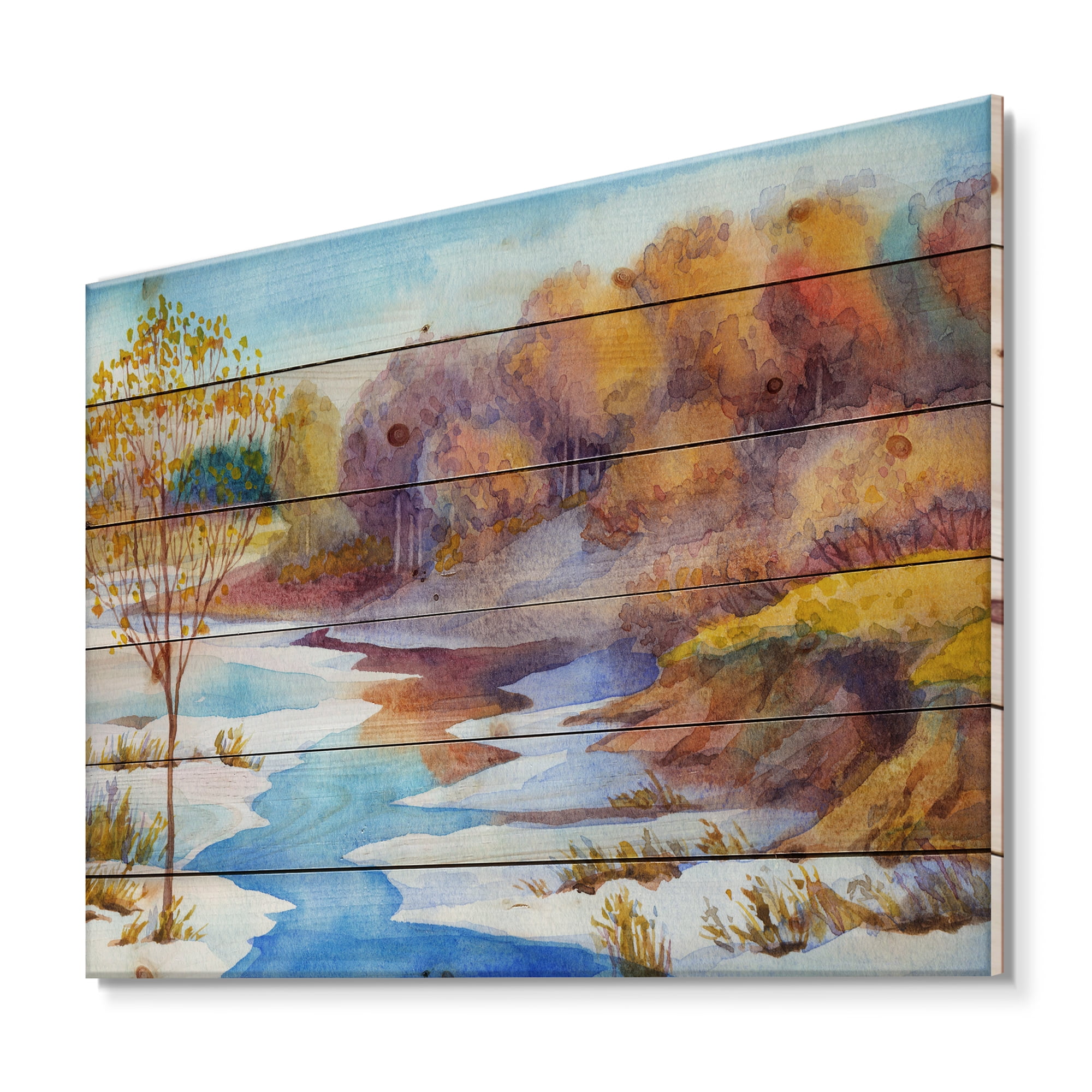 Designart 'Stream Though The Winter Forest Valley' Lake House Print on Natural Pine Wood