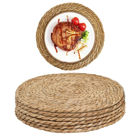 

Household Hand-Woven Placemats Japanese Rustic Tea Cup Insulation Mats Coasters Dining Table Coffee Table Grass Woven Round Bowl Mats 13.8in 6pcs