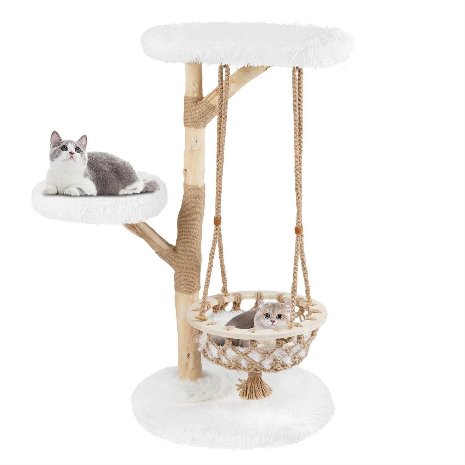 Pefilos 48.5" Solid Wood Cat Tree, Hanging Cradle & Jute Scratching Post, Top Perch & Anti-Toppling, Gray
