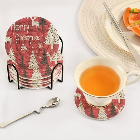 

BZSMCE 6Pcs Drink Coasters With Holder 3.94Inch Dark Red Plaid and Reindeer Creative Coil Coaster Coasters Colors Absorbent Coasters for Drinks Coasters Set Thicken Heat for Home Table