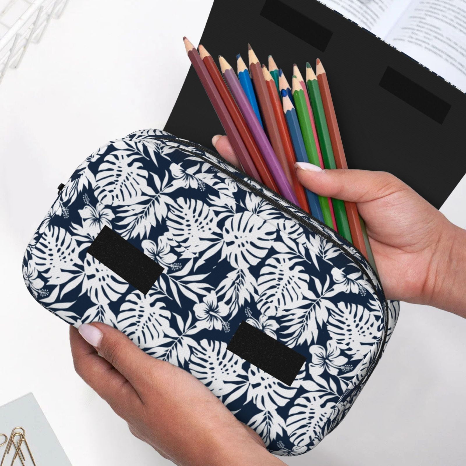 Rateoe Hawaiian Style Pattern Double Clamshell Pen Case, Storage Organizer with Two Zipper Compartments– Holds Up to 50 Pencils & Pens