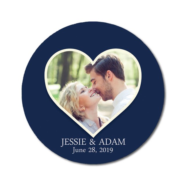 Darling Souvenir Round 45 Pcs Heart Custom Photo Labels Save The Date Stickers Personalized Bride Groom Names And Date Envelope Seals - Navy Blue
