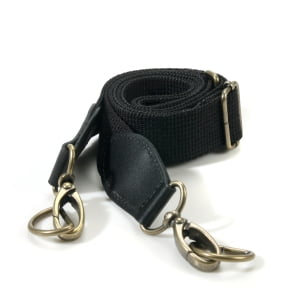 Black Leather French Purse - byhands Adjustable Webbing Cross Shoulder Bag Strap with Genuine Leather Tab / Bronze Style Ring, 33.4