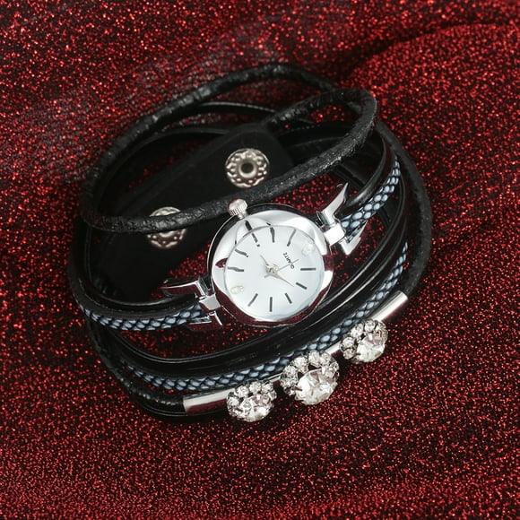 Relojes para Mujeres, Diamantes de imitación, Correa PU, Esfera Redonda, Pulsera Cuarzo(Negro) Ecomeon no