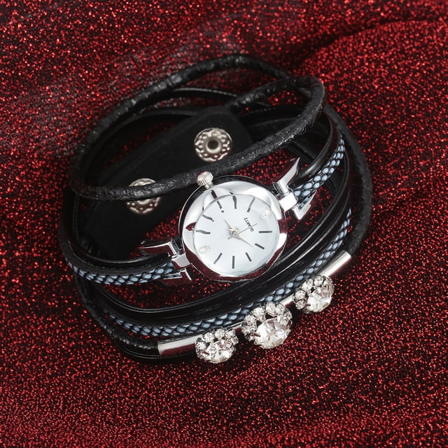 Relojes para Mujeres, Diamantes de imitación, Correa PU, Esfera Redonda, Pulsera Cuarzo(Negro) Ecomeon no