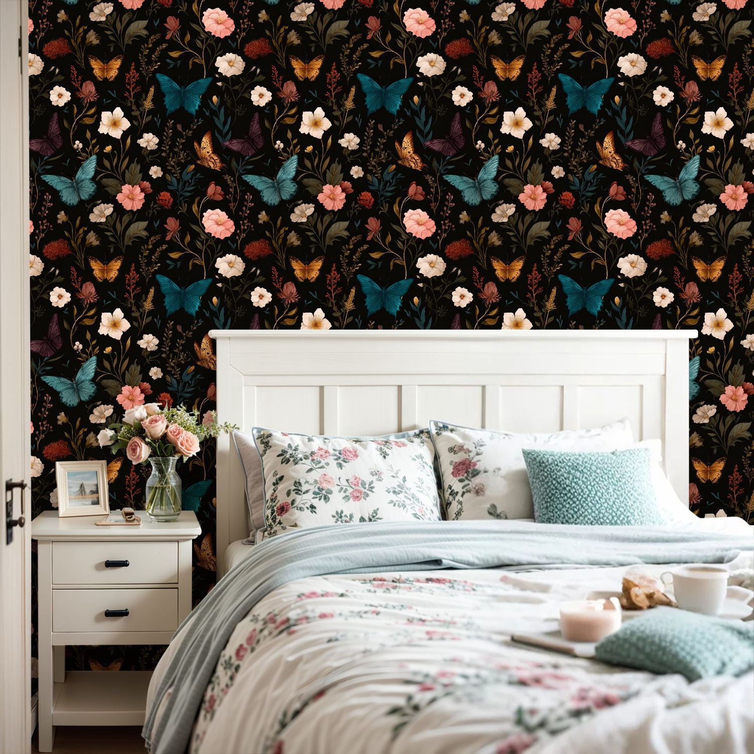 Peel and Stick Wallpaper Floral Botanical Butterflies Dark Elegant Vintage Style 24in x 118in Contact Paper Removable Self Adhesive Wall Mural Wall Decor for Bedroom Kitchen Cabinets