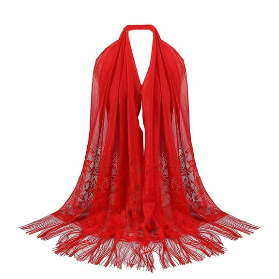 Elegant Hollow Out Lace Tassel Fringed Hijab Wrap Shawl Stole for Women Long Scarf