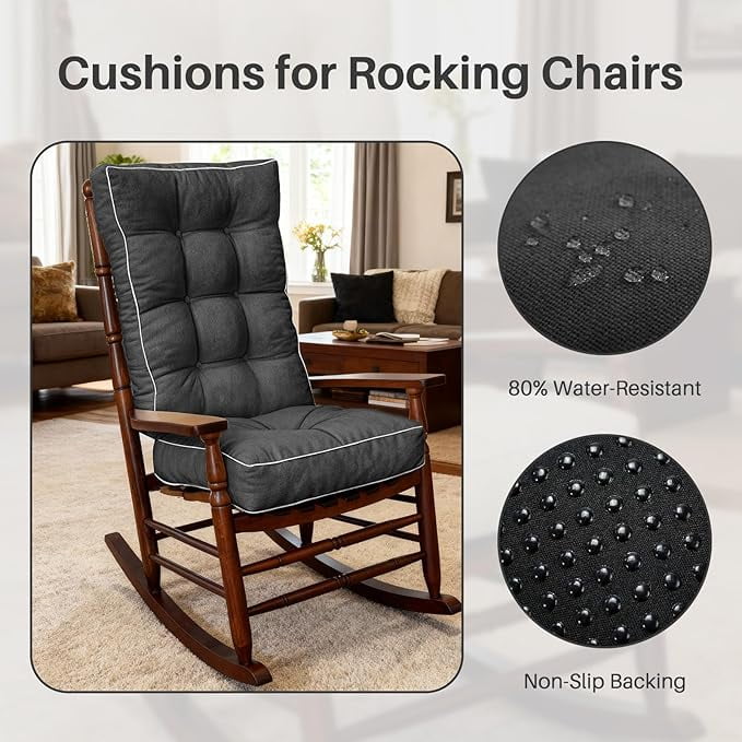 Parojati 22*17*5 Rocking Chair Cushion, Set of Thicken Seat & Back Chair Cushions with Memory Foam, Non-Slip Chair Pad with Ties for Indoor&Outdoor Rocker Dark Grey